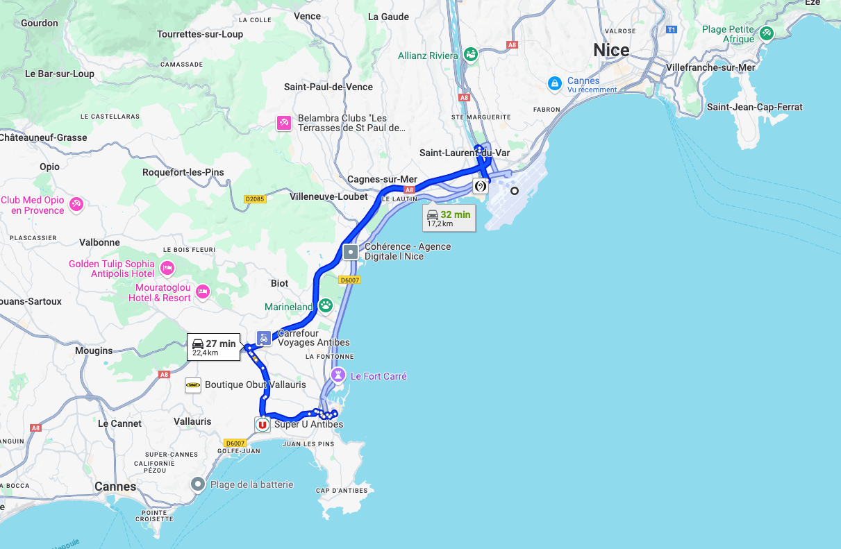 Nice Airport to Antibes route map