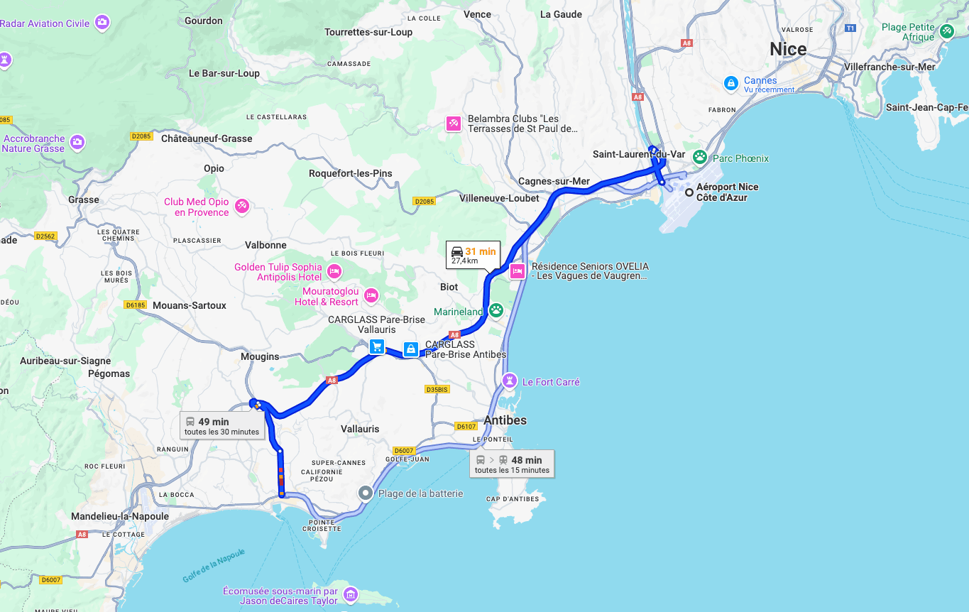 Nice Airport to Cannes route map