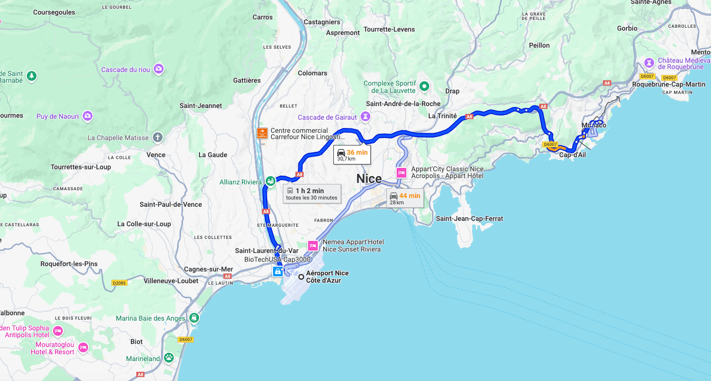 Nice Airport to Monaco route map