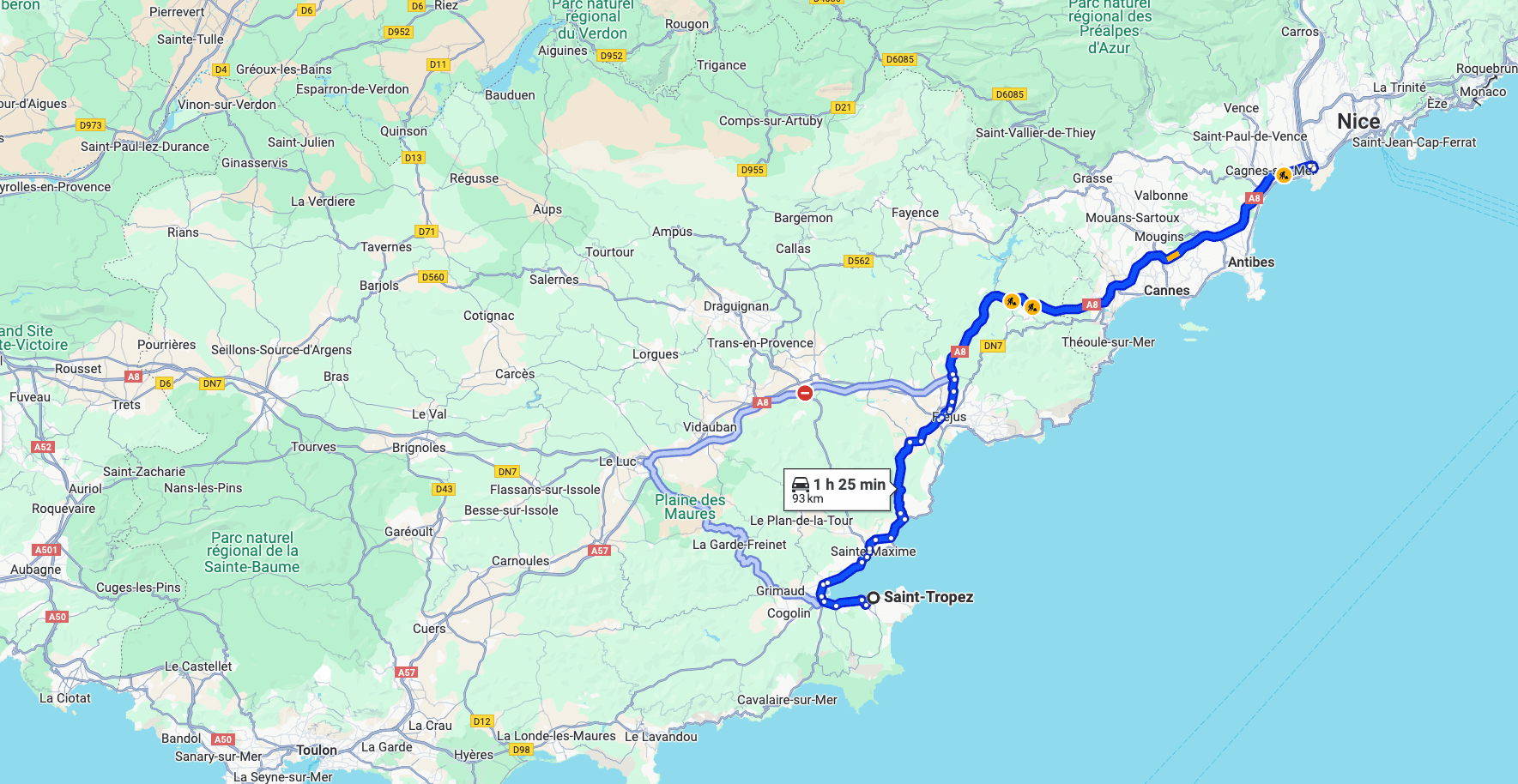 Nice Airport to Saint-Tropez route map